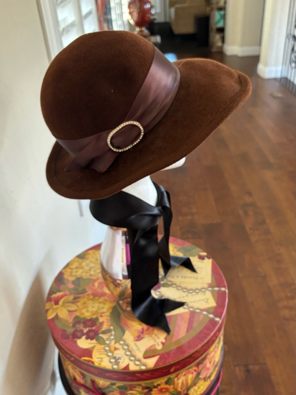 Betmar Vintage Wide-Brim Wool Felt Hat with Satin Band & Rhinestone Accent. - Picture 2 of 6